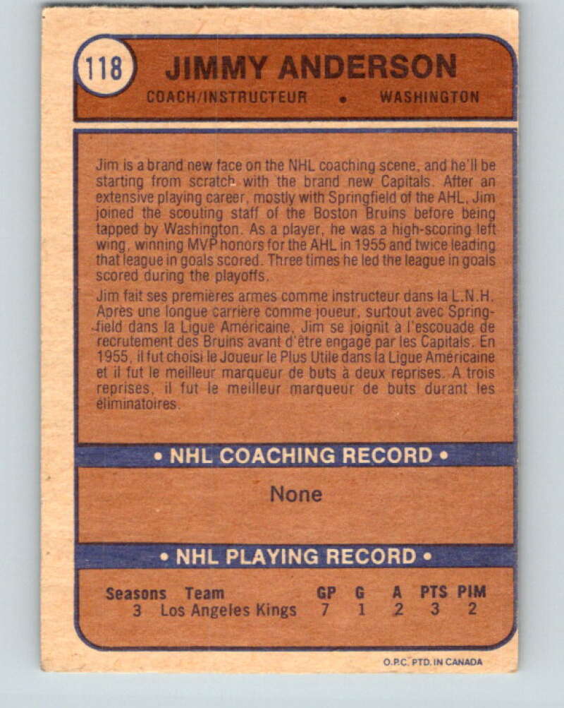 1974-75 O-Pee-Chee #118 Jim Anderson CO RC Rookie Washington Capitals V4493