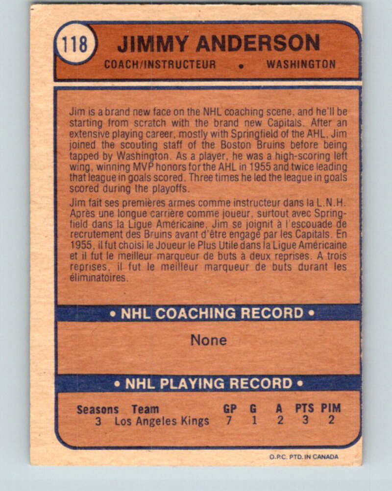 1974-75 O-Pee-Chee #118 Jim Anderson CO RC Rookie Washington Capitals V4494