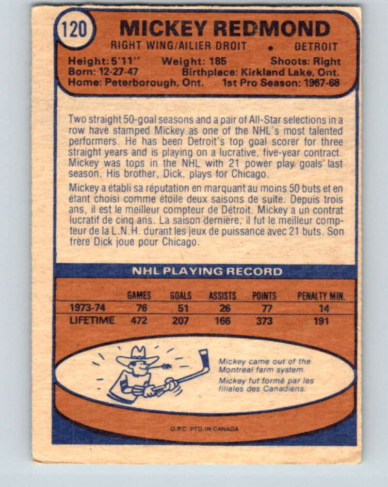 1974-75 O-Pee-Chee #120 Mickey Redmond V4497
