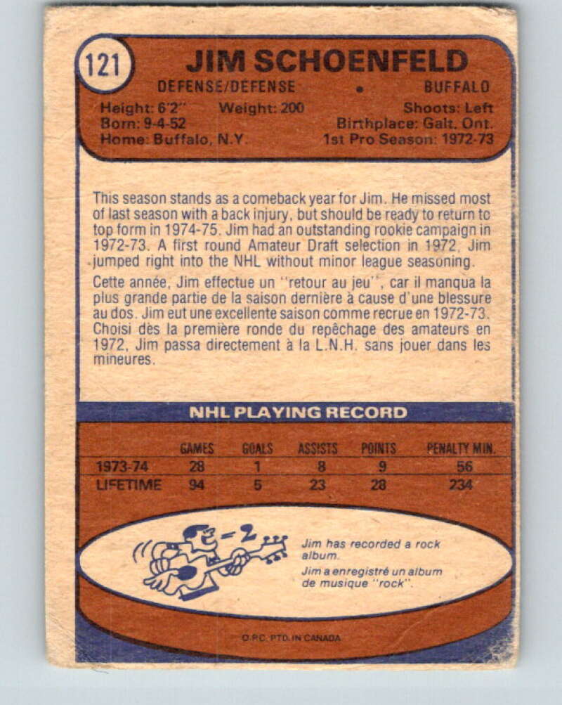 1974-75 O-Pee-Chee #121 Jim Schoenfeld Buffalo Sabres V4501