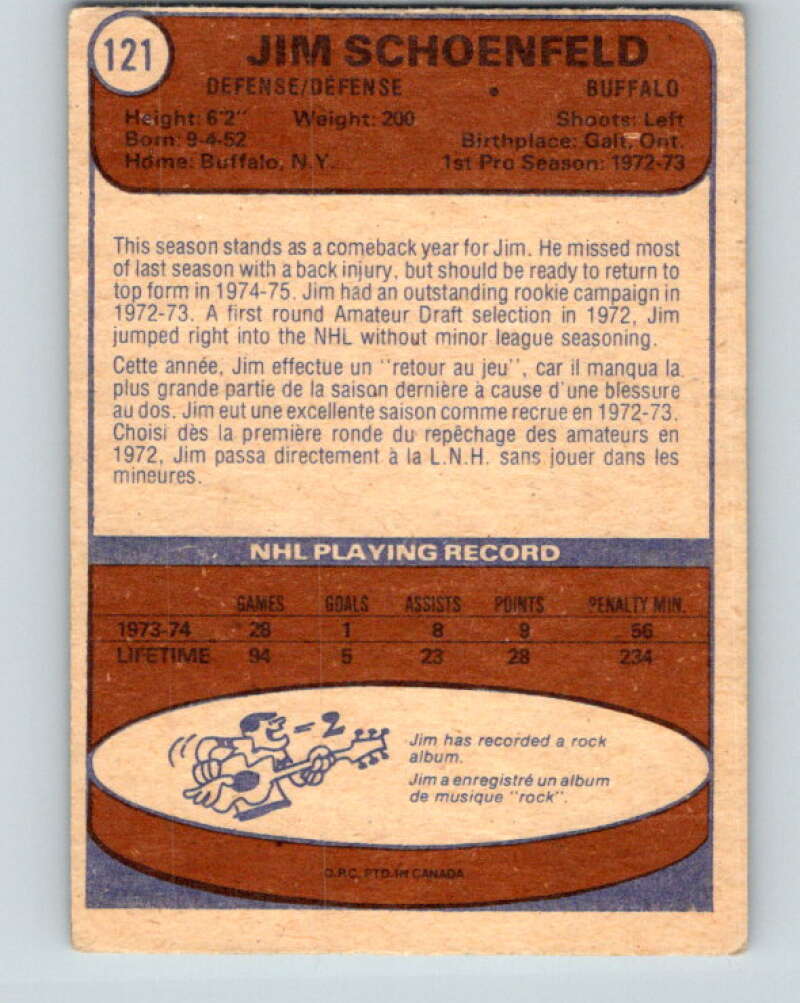 1974-75 O-Pee-Chee #121 Jim Schoenfeld Buffalo Sabres V4502