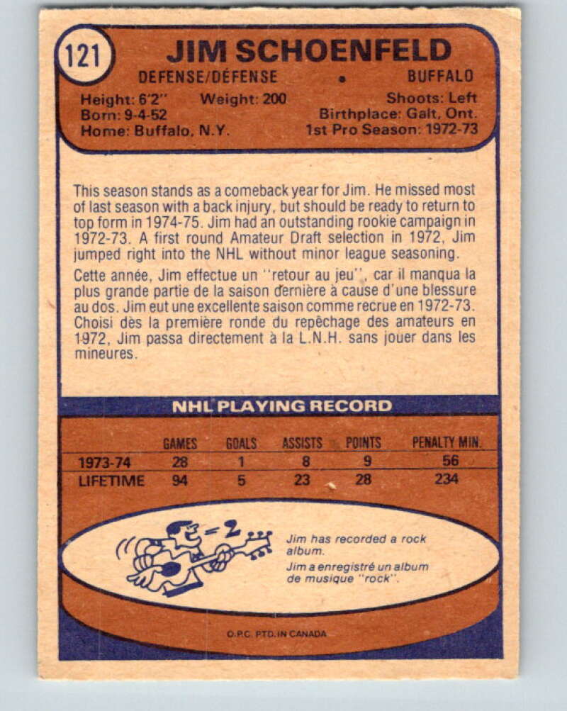 1974-75 O-Pee-Chee #121 Jim Schoenfeld Buffalo Sabres V4503