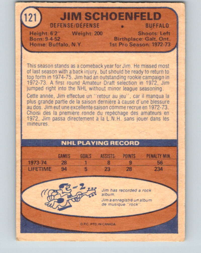 1974-75 O-Pee-Chee #121 Jim Schoenfeld Buffalo Sabres V4504
