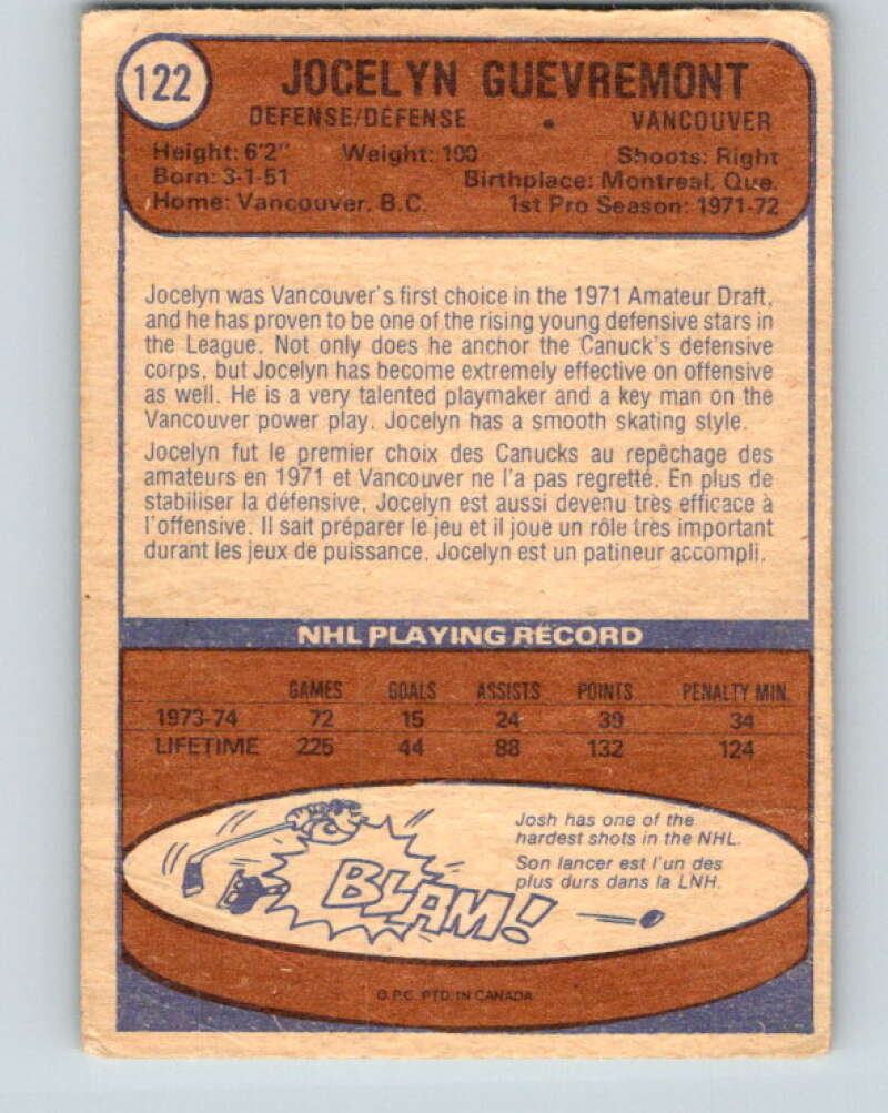 1974-75 O-Pee-Chee #122 Jocelyn Guevremont Vancouver Canucks V4505