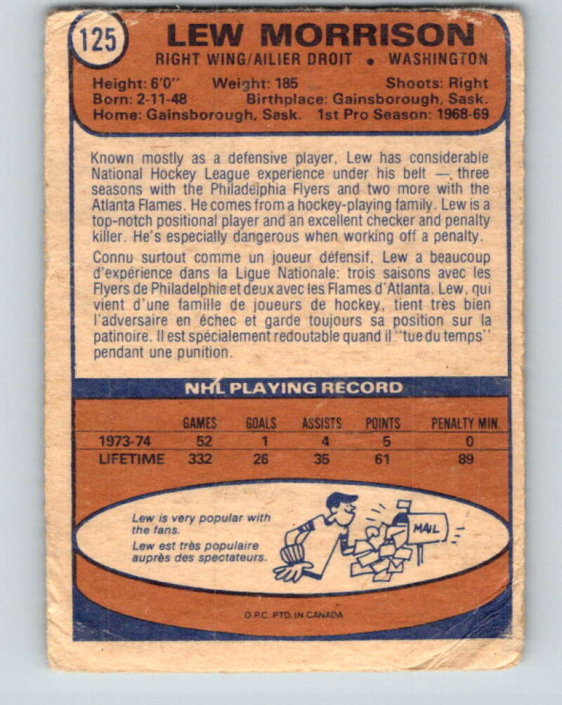 1974-75 O-Pee-Chee #125 Lew Morrison Washington Capitals V4510