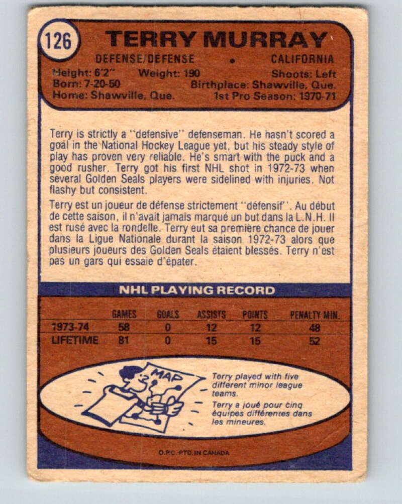 1974-75 O-Pee-Chee #126 Terry Murray California Golden Seals V4516