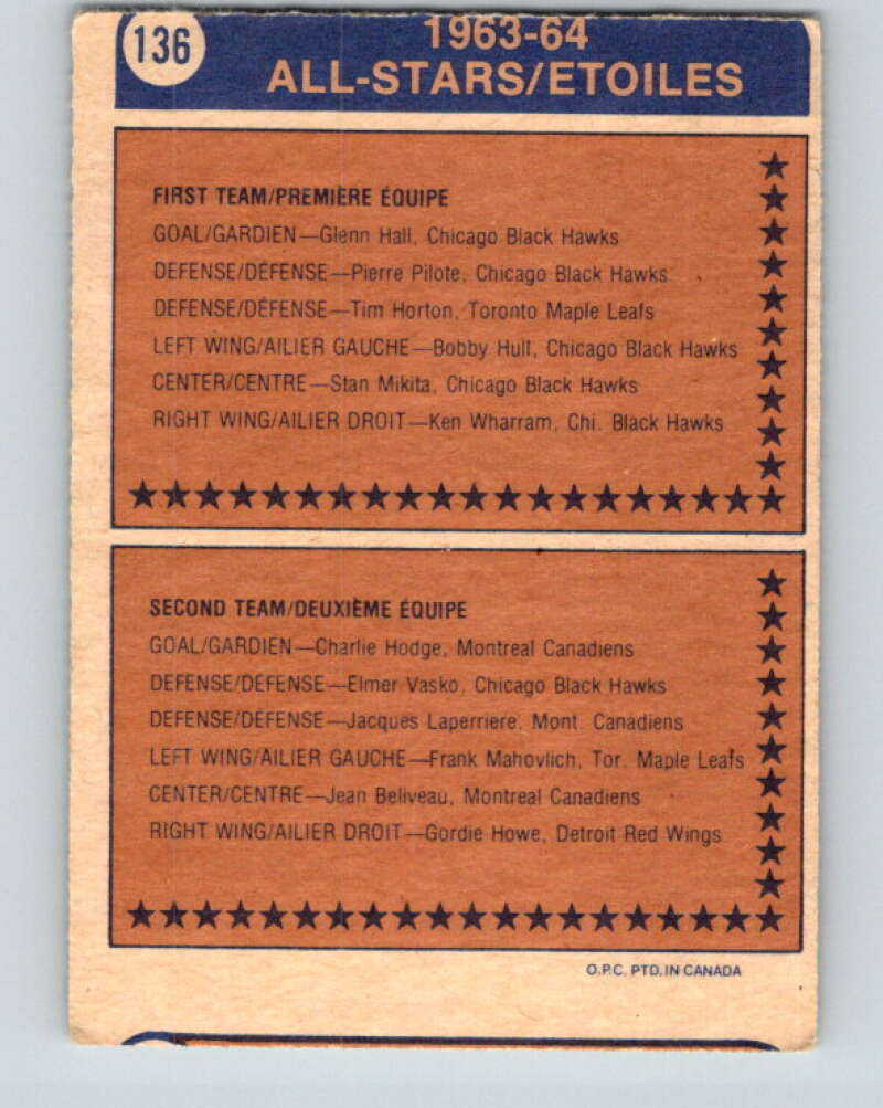 1974-75 O-Pee-Chee #136 Bill White AS Chicago Blackhawks V4535