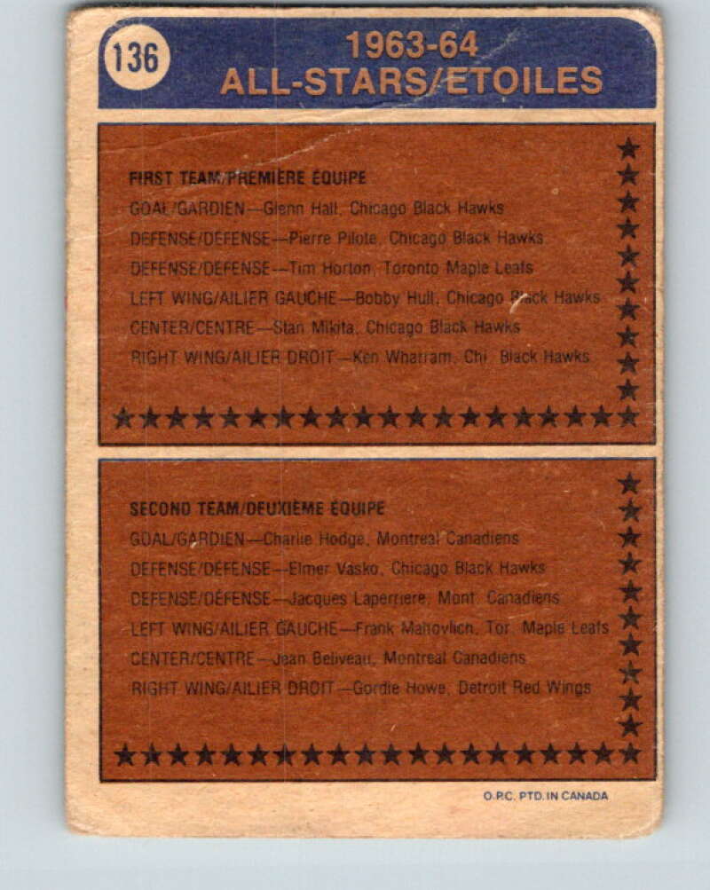 1974-75 O-Pee-Chee #136 Bill White AS Chicago Blackhawks V4536