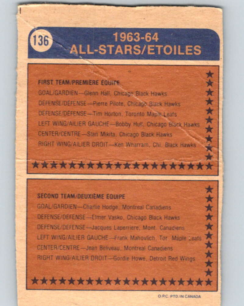 1974-75 O-Pee-Chee #136 Bill White AS Chicago Blackhawks V4538