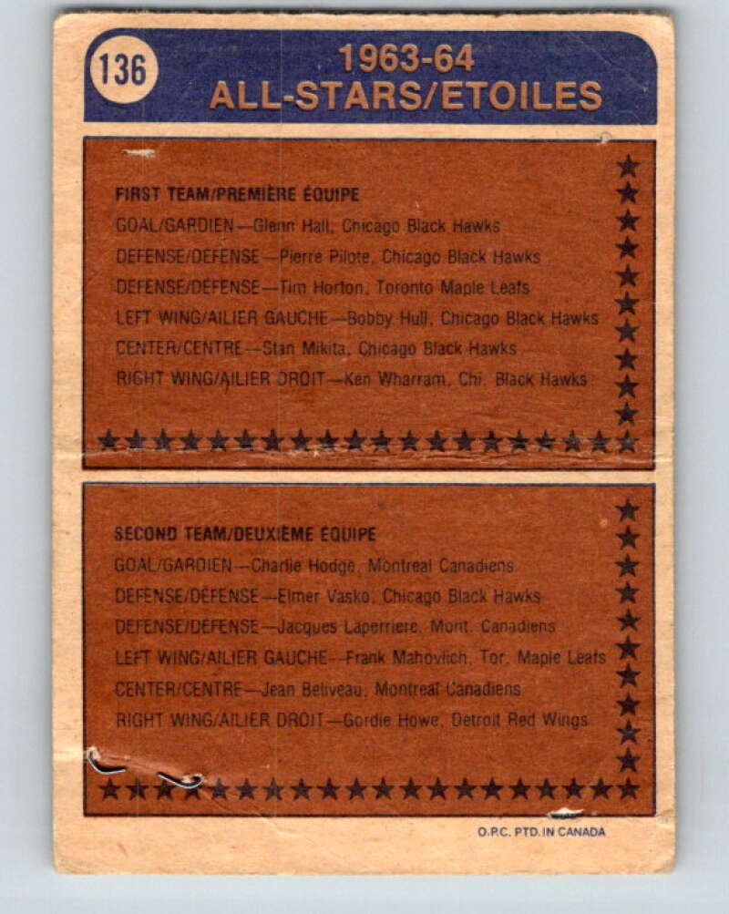 1974-75 O-Pee-Chee #136 Bill White AS Chicago Blackhawks V4539