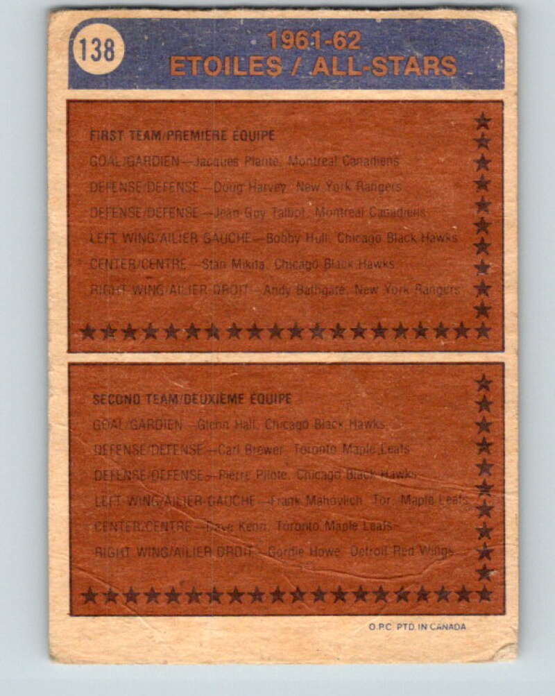 1974-75 O-Pee-Chee #138 Bernie Parent AS Philadelphia Flyers V4546