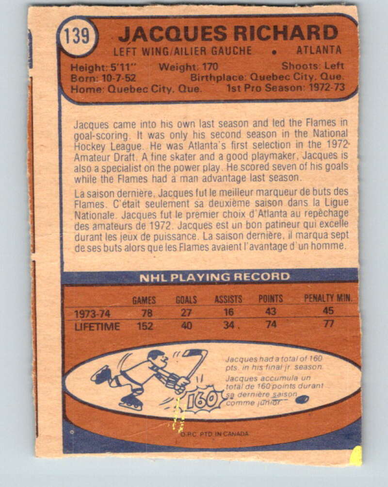 1974-75 O-Pee-Chee #139 Jacques Richard Atlanta Flames V4550