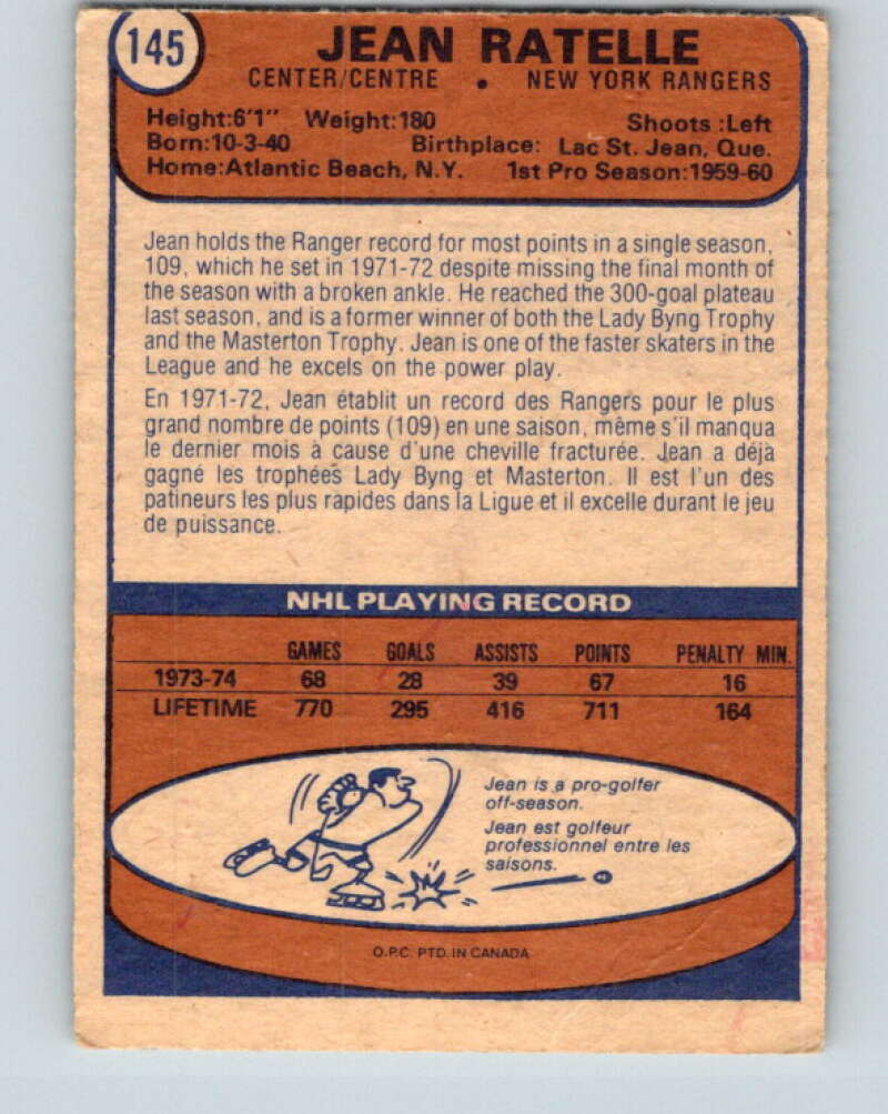 1974-75 O-Pee-Chee #145 Jean Ratelle New York Rangers V4558