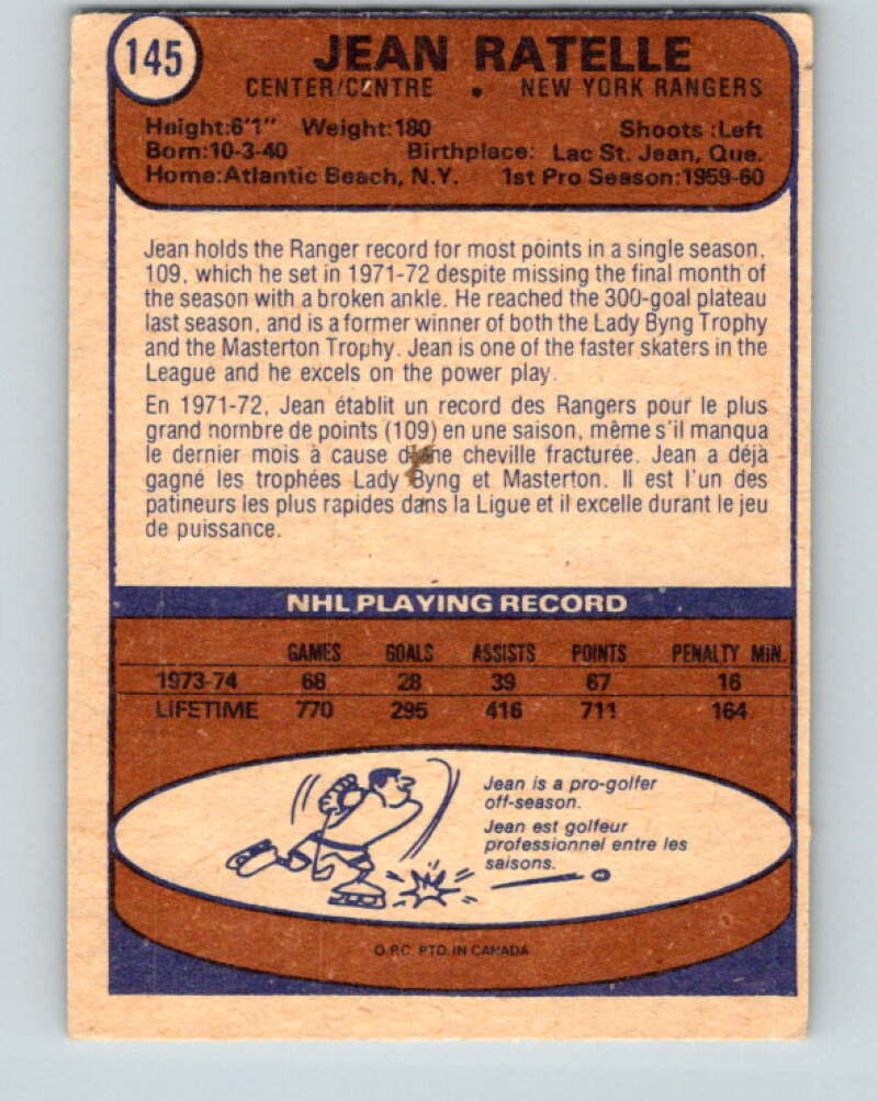 1974-75 O-Pee-Chee #145 Jean Ratelle New York Rangers V4559