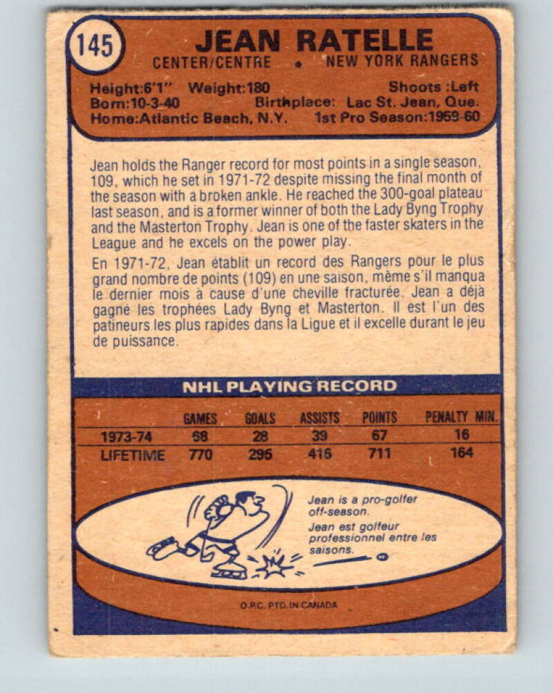 1974-75 O-Pee-Chee #145 Jean Ratelle New York Rangers V4560