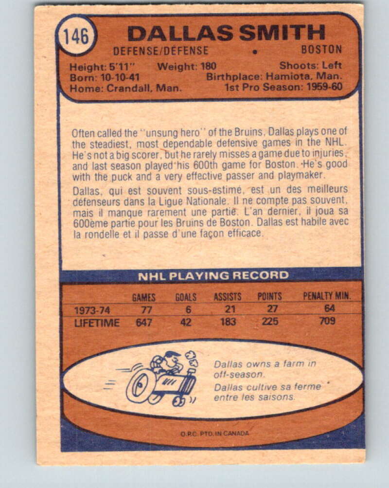 1974-75 O-Pee-Chee #146 Dallas Smith Boston Bruins V4562