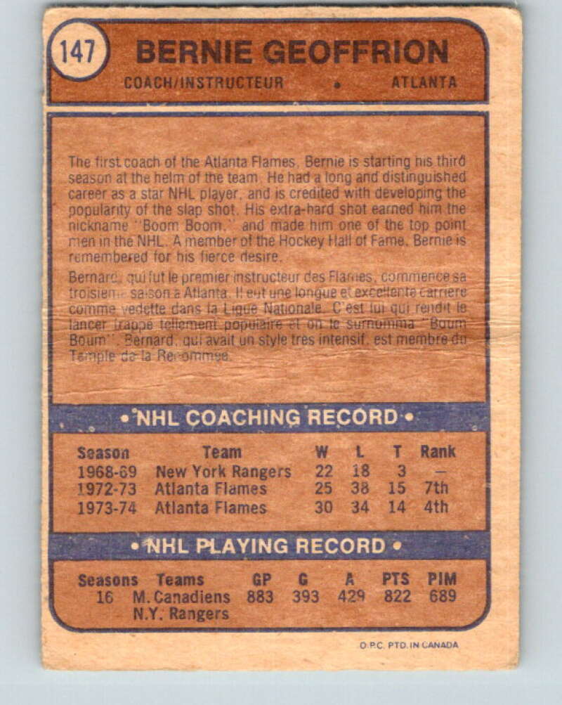 1974-75 O-Pee-Chee #147 Bernie Geoffrion CO Atlanta Flames V4563
