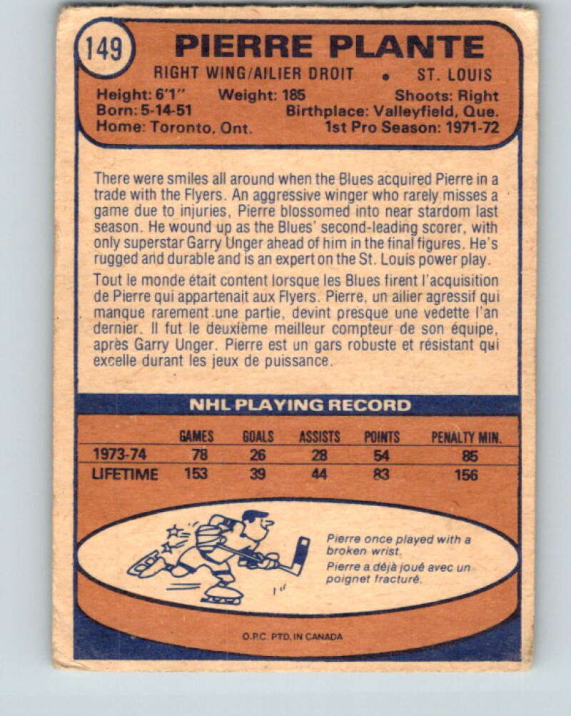 1974-75 O-Pee-Chee #149 Pierre Plante St. Louis Blues V4564