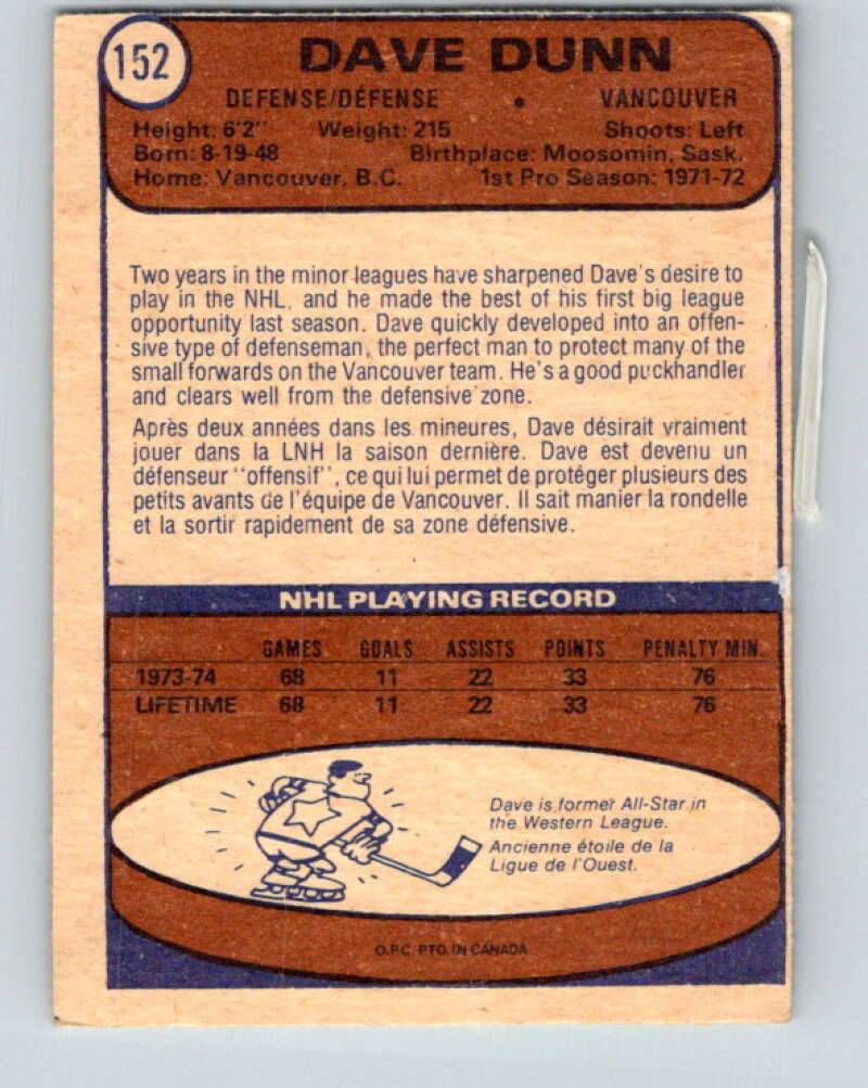 1974-75 O-Pee-Chee #152 Dave Dunn RC Rookie Vancouver Canucks V4569