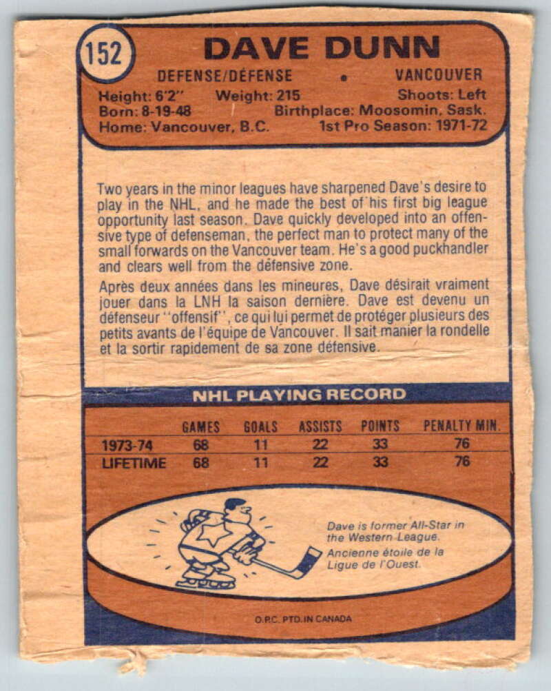 1974-75 O-Pee-Chee #152 Dave Dunn RC Rookie Vancouver Canucks V4570