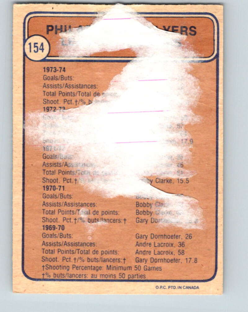 1974-75 O-Pee-Chee #154 Bobby Clarke/Dave Schultz TL Philadelphia Flyers V4576