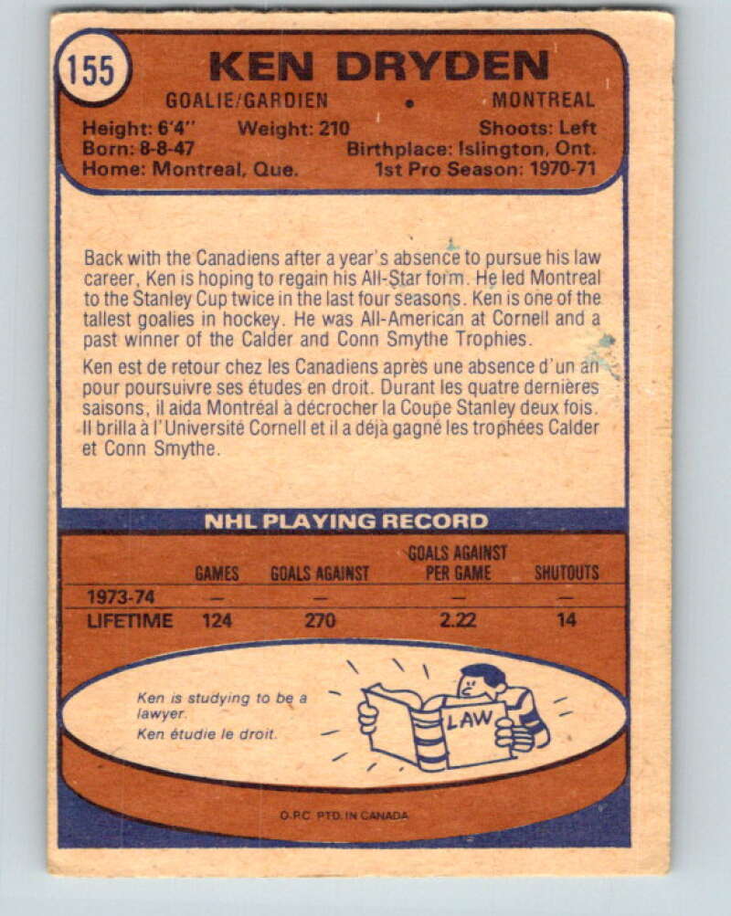 1974-75 O-Pee-Chee #155 Ken Dryden Montreal Canadiens V4579
