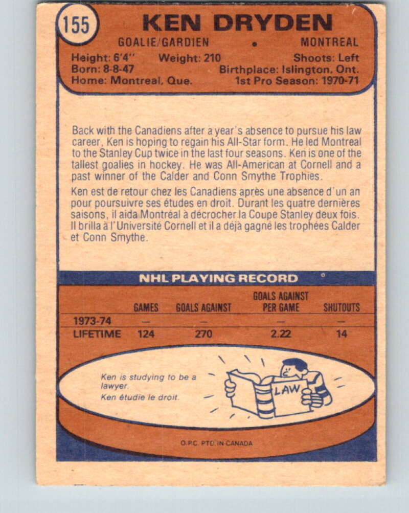 1974-75 O-Pee-Chee #155 Ken Dryden Montreal Canadiens V4580