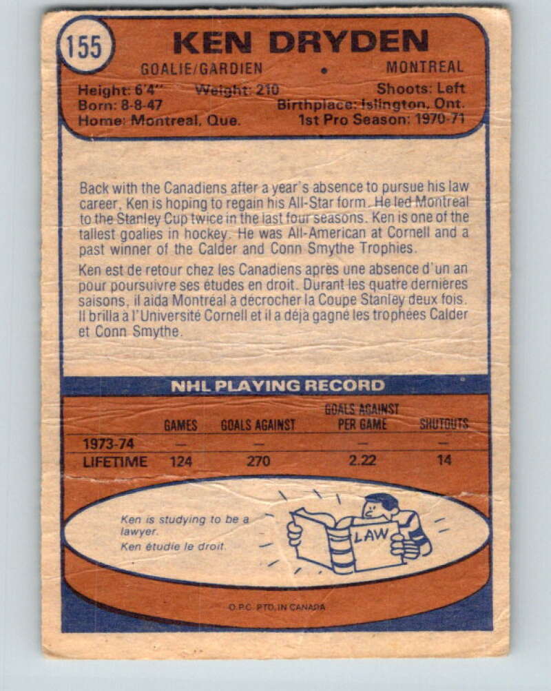 1974-75 O-Pee-Chee #155 Ken Dryden Montreal Canadiens V4581