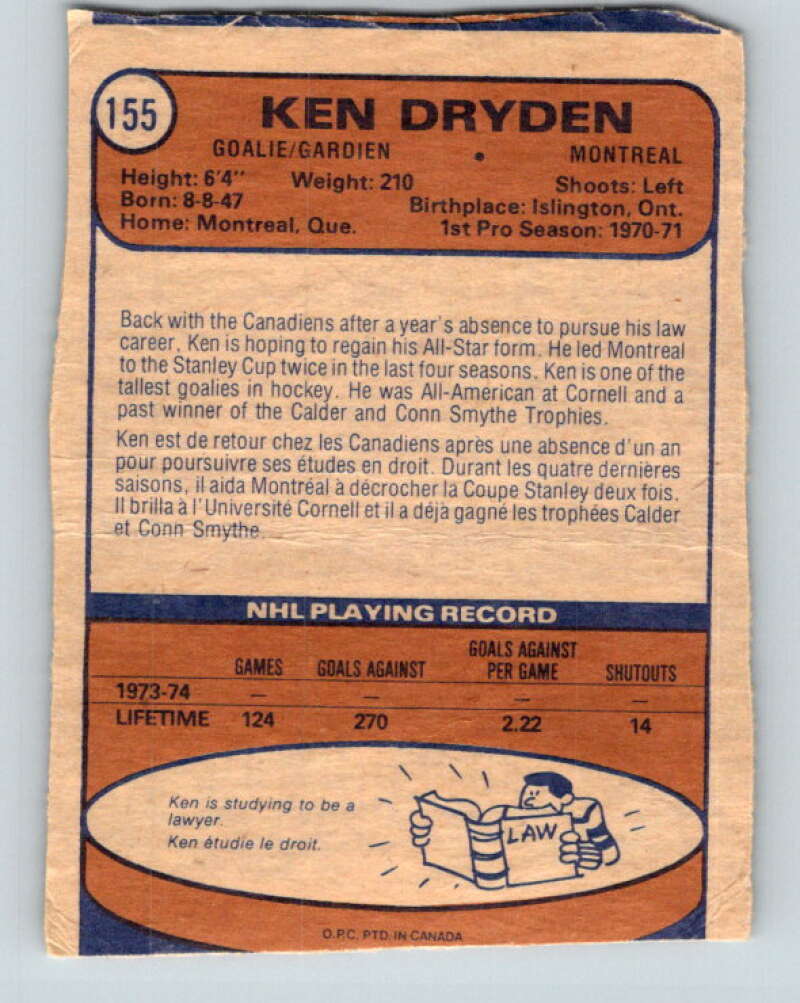 1974-75 O-Pee-Chee #155 Ken Dryden Montreal Canadiens V4582