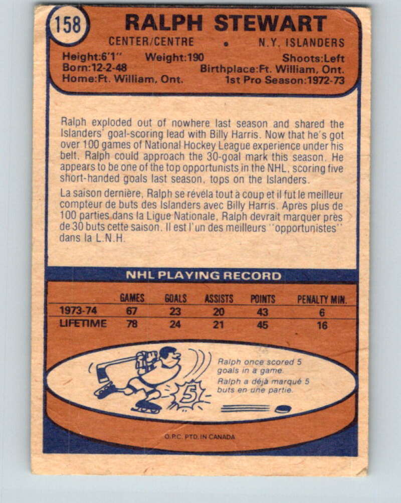 1974-75 O-Pee-Chee #158 Ralph Stewart RC Rookie New York Islanders V4586