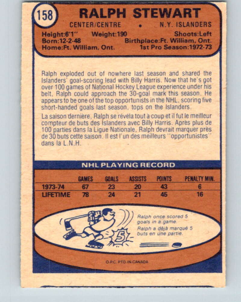 1974-75 O-Pee-Chee #158 Ralph Stewart RC Rookie New York Islanders V4589