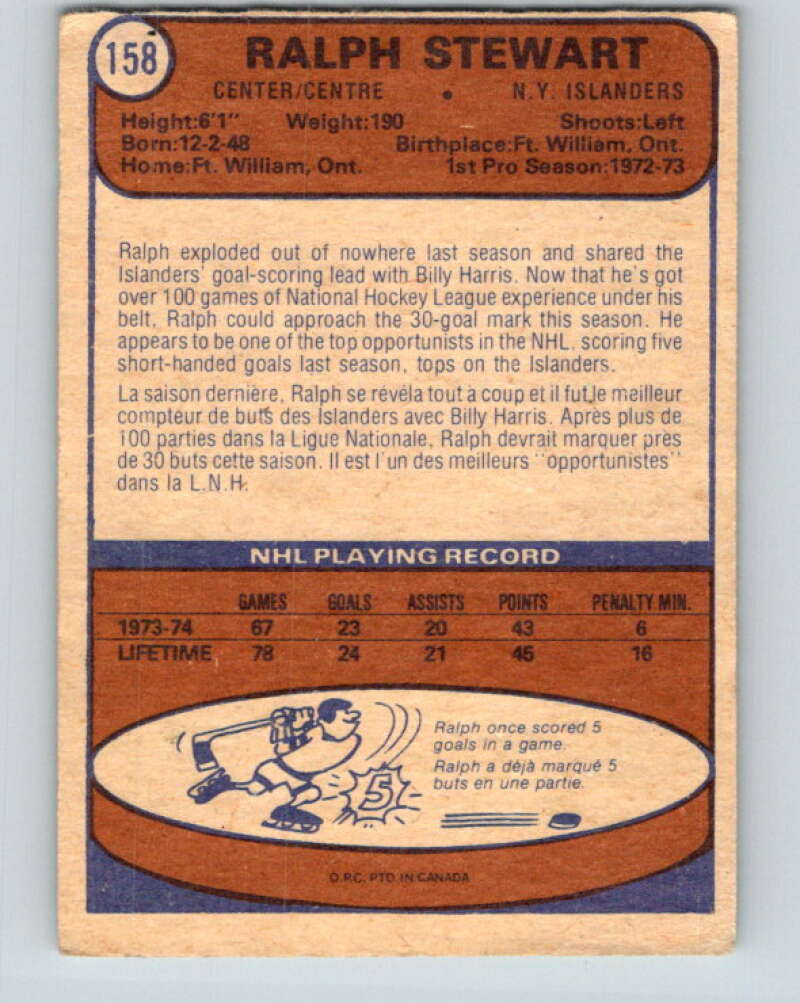 1974-75 O-Pee-Chee #158 Ralph Stewart RC Rookie New York Islanders V4590