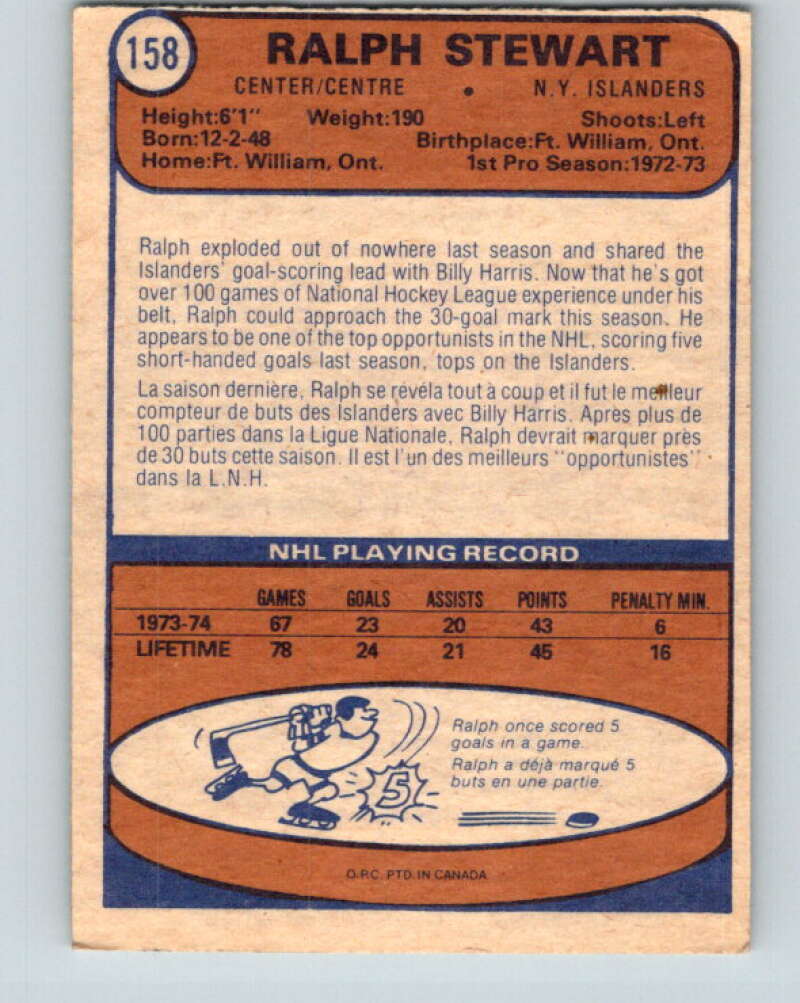 1974-75 O-Pee-Chee #158 Ralph Stewart RC Rookie New York Islanders V4591