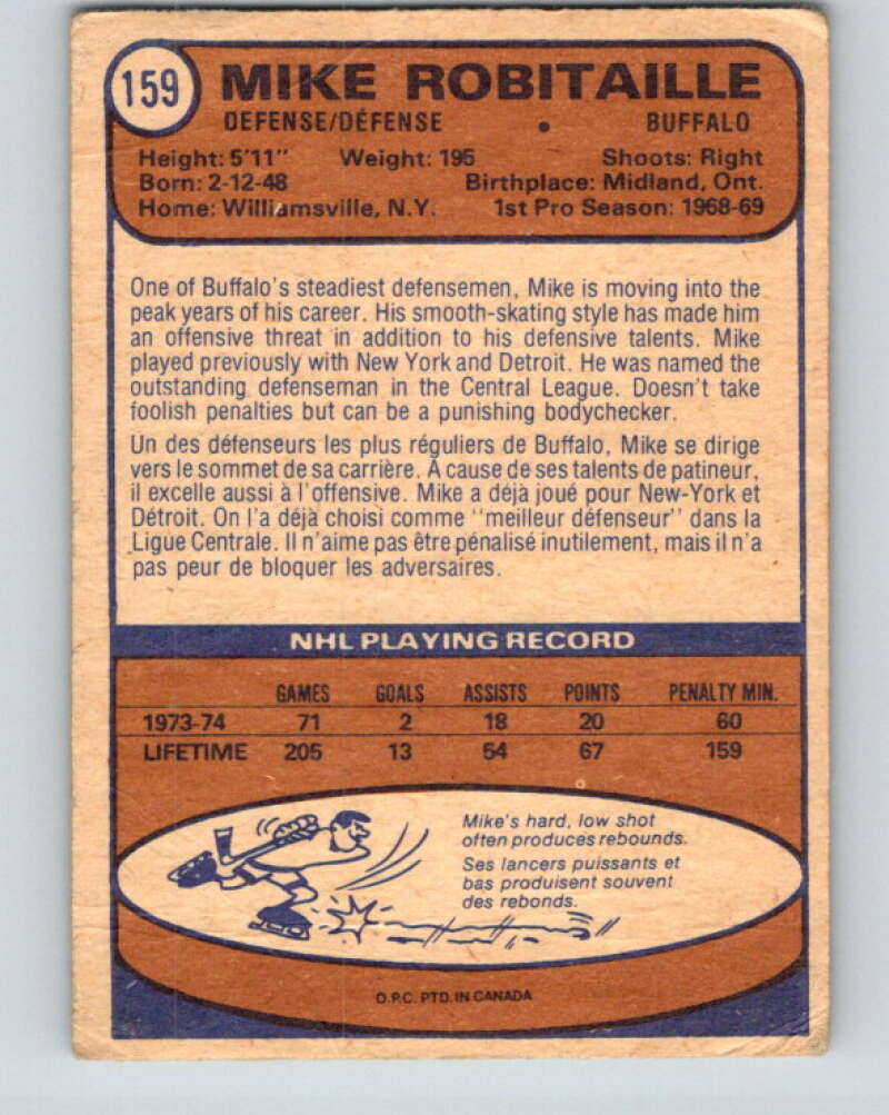 1974-75 O-Pee-Chee #159 Mike Robitaille Buffalo Sabres V4592