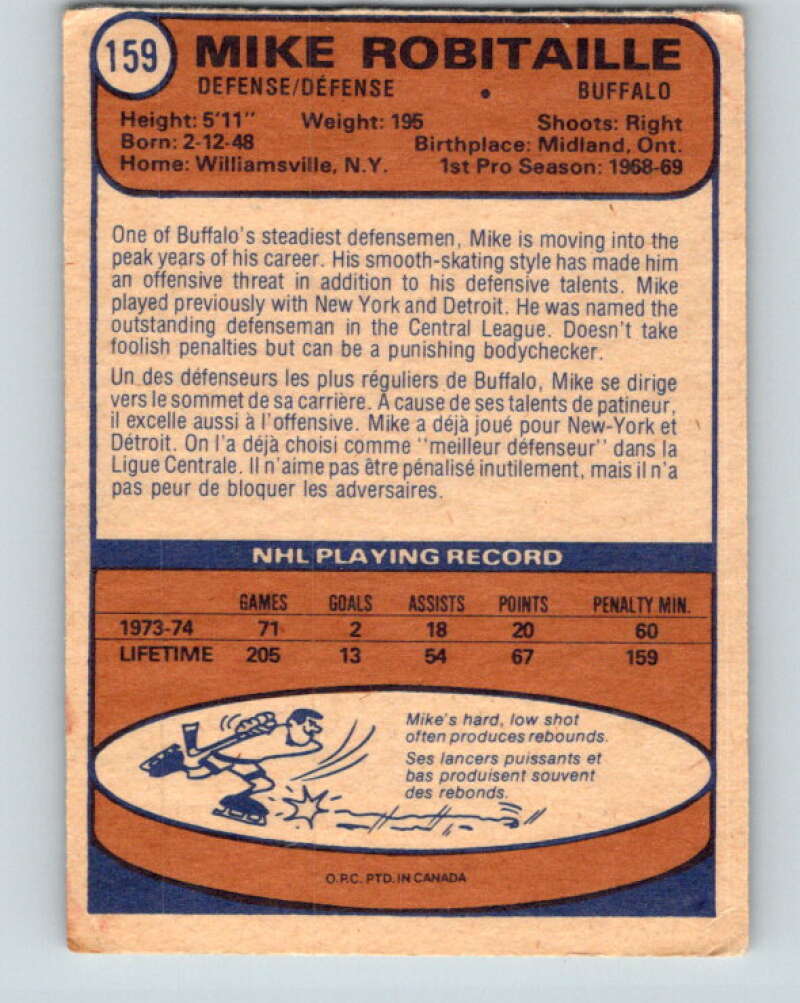1974-75 O-Pee-Chee #159 Mike Robitaille Buffalo Sabres V4593