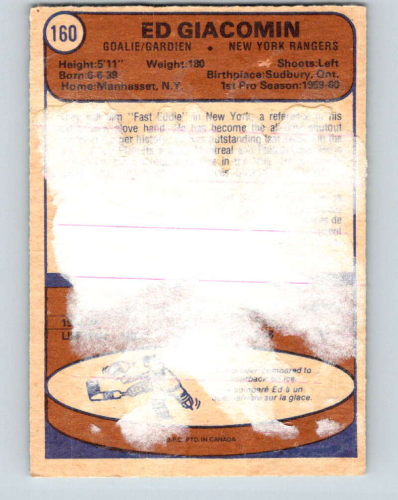 1974-75 O-Pee-Chee #160 Ed Giacomin New York Rangers V4594