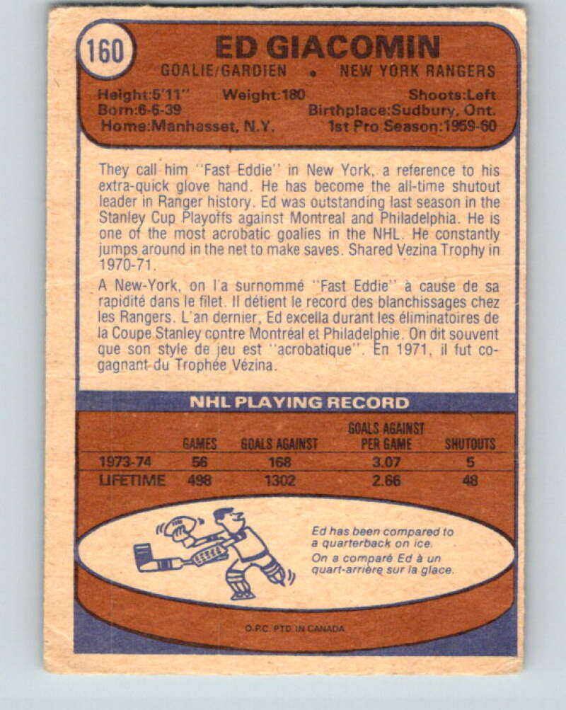 1974-75 O-Pee-Chee #160 Ed Giacomin New York Rangers V4595