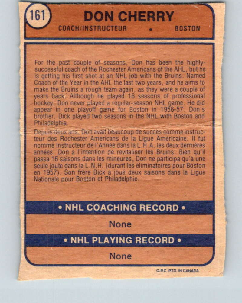 1974-75 O-Pee-Chee #161 Don Cherry CO RC Rookie Boston Bruins V4596