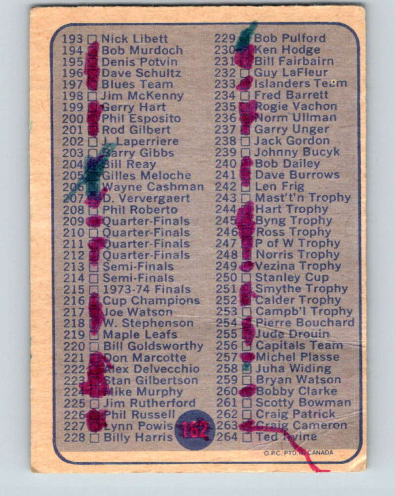 1974-75 O-Pee-Chee #162 Checklist V4597