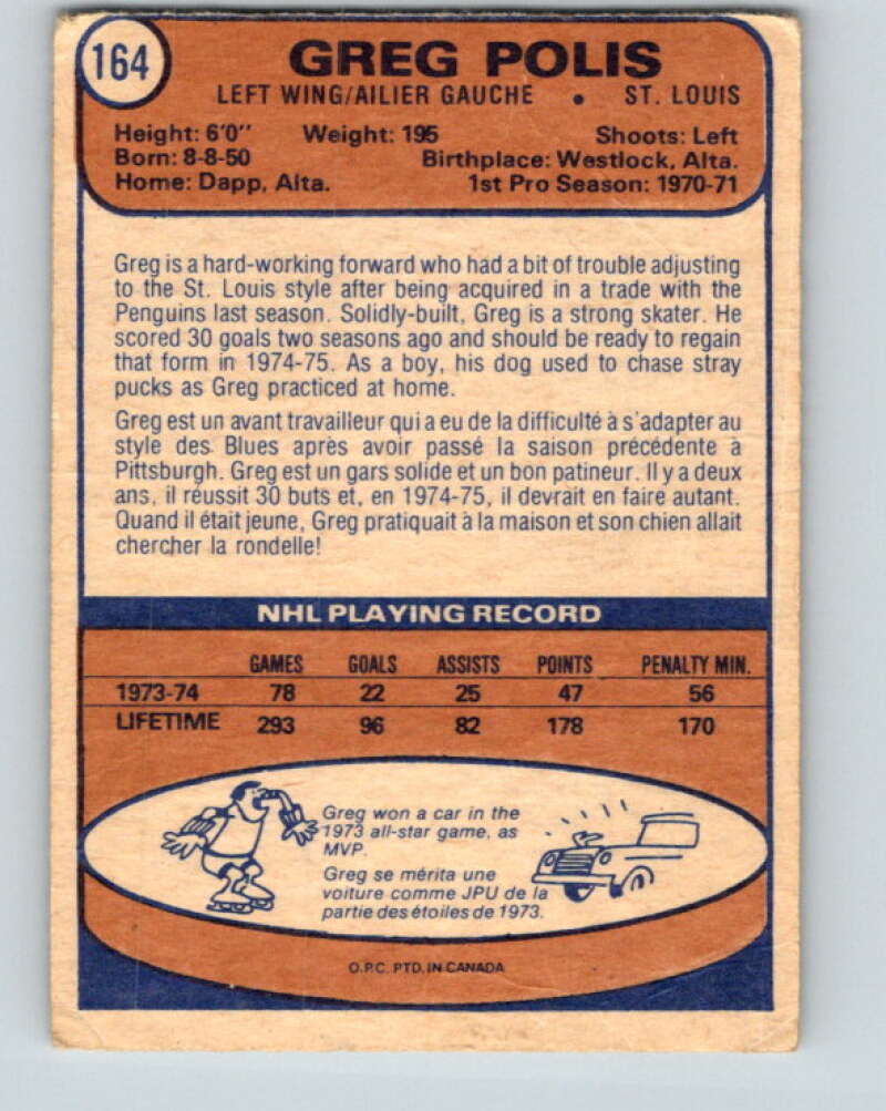 1974-75 O-Pee-Chee #164 Greg Polis St. Louis Blues V4606