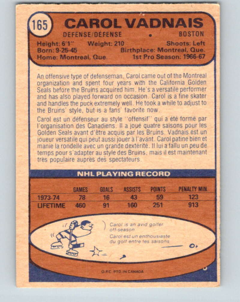1974-75 O-Pee-Chee #165 Carol Vadnais Boston Bruins V4607