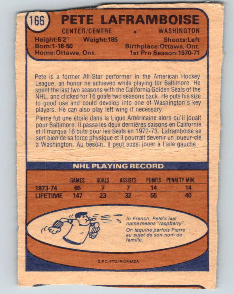 1974-75 O-Pee-Chee #166 Pete Laframboise Washington Capitals V4608