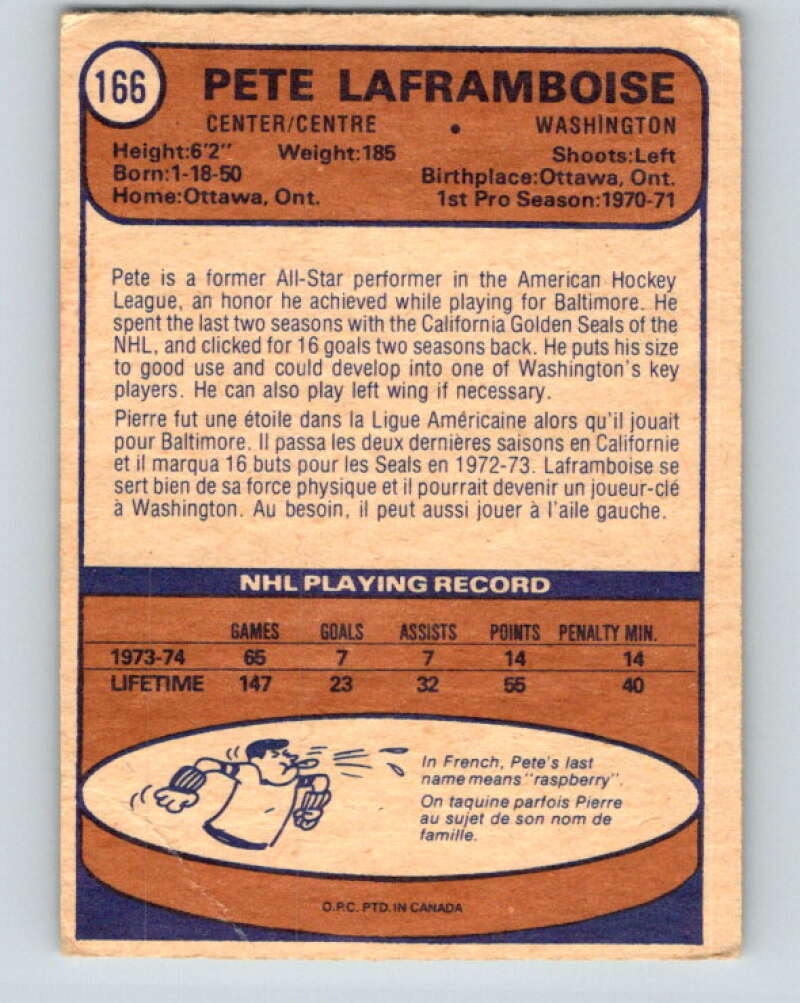 1974-75 O-Pee-Chee #166 Pete Laframboise Washington Capitals V4609