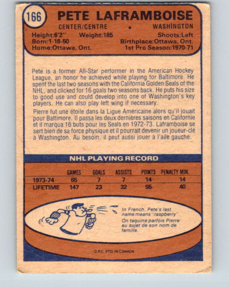 1974-75 O-Pee-Chee #166 Pete Laframboise Washington Capitals V4610