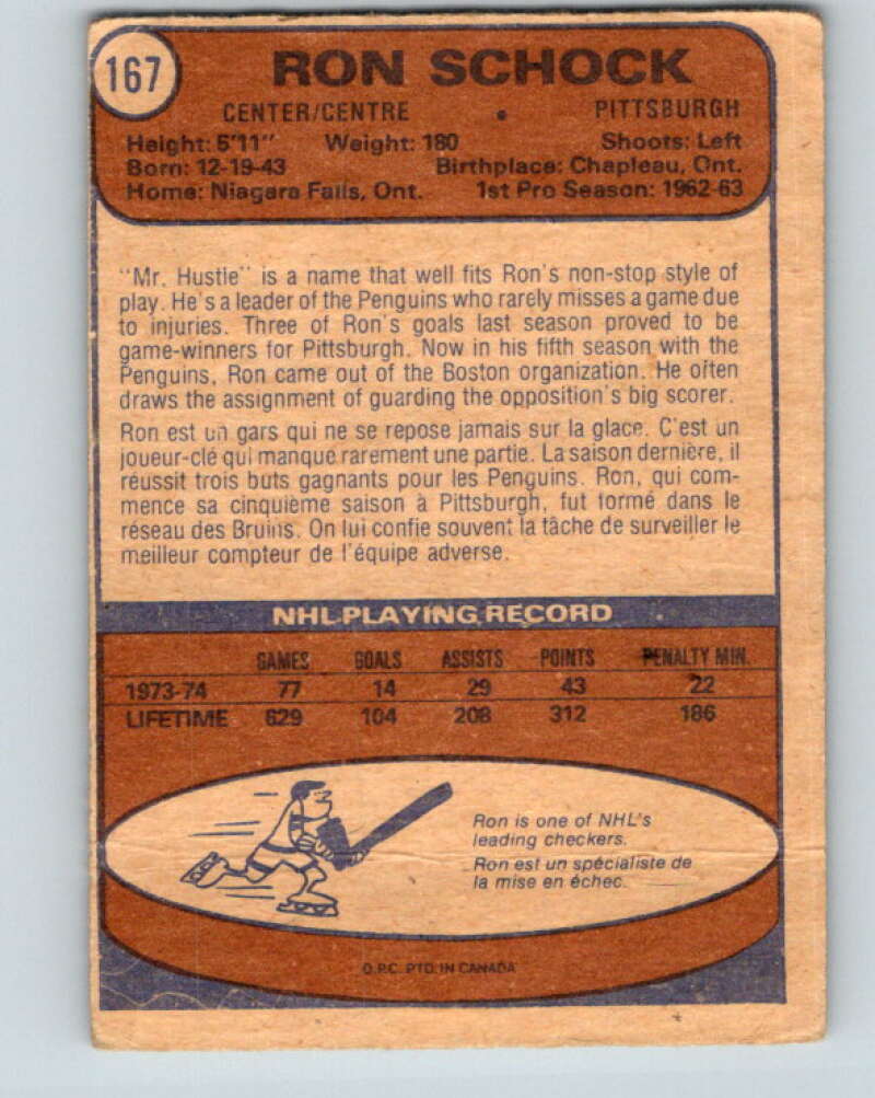 1974-75 O-Pee-Chee #167 Ron Schock Pittsburgh Penguins V4611