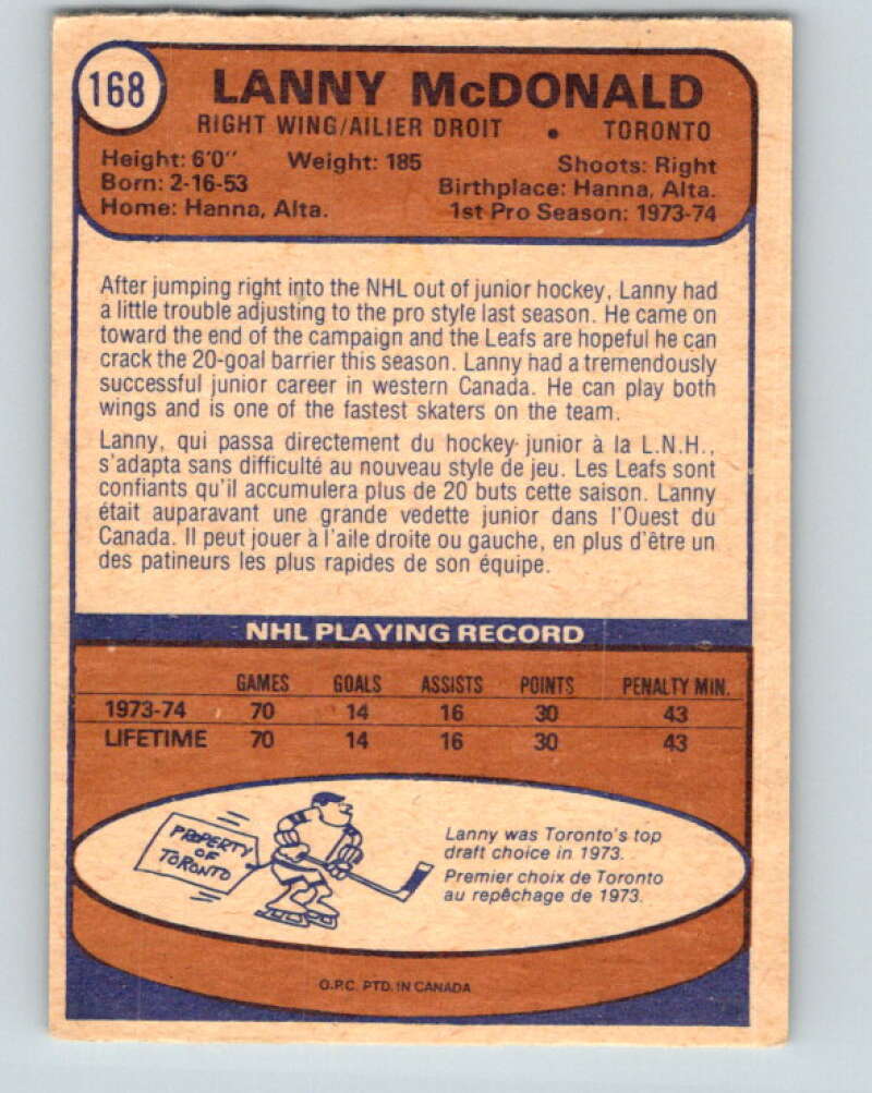 1974-75 O-Pee-Chee #168 Lanny McDonald RC Rookie Toronto Maple Leafs V4612