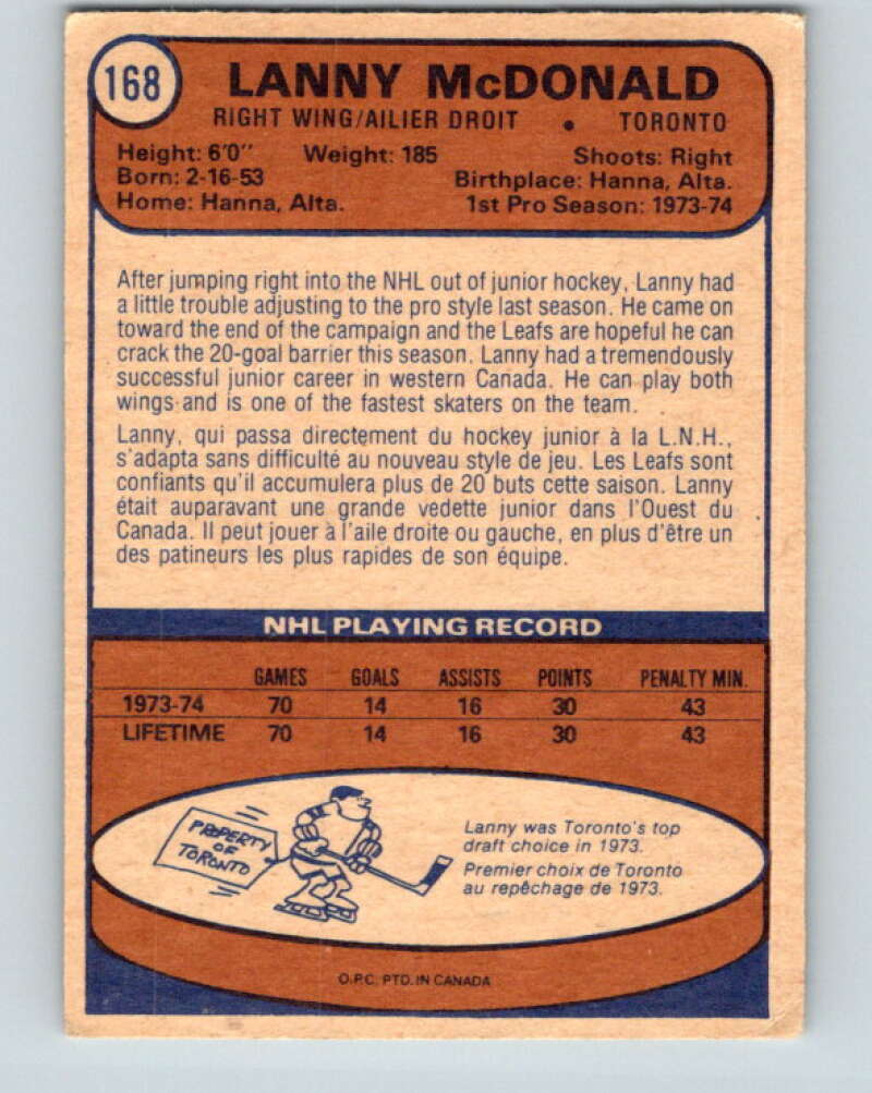 1974-75 O-Pee-Chee #168 Lanny McDonald RC Rookie Toronto Maple Leafs V4613
