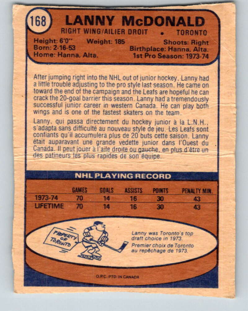 1974-75 O-Pee-Chee #168 Lanny McDonald RC Rookie Toronto Maple Leafs V4614