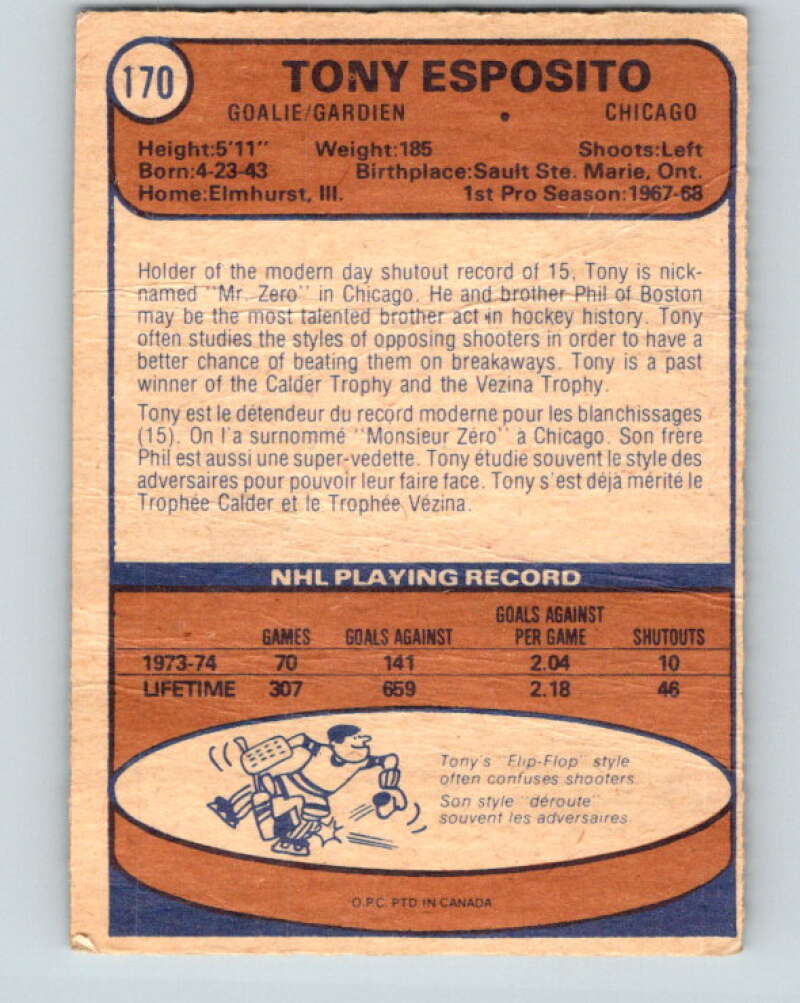 1974-75 O-Pee-Chee #170 Tony Esposito Chicago Blackhawks V4618
