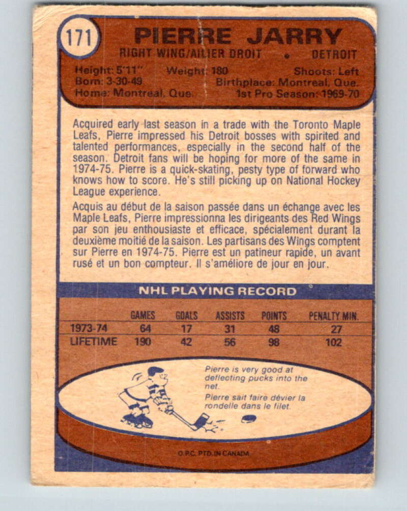 1974-75 O-Pee-Chee #171 Pierre Jarry Detroit Red Wings V4625